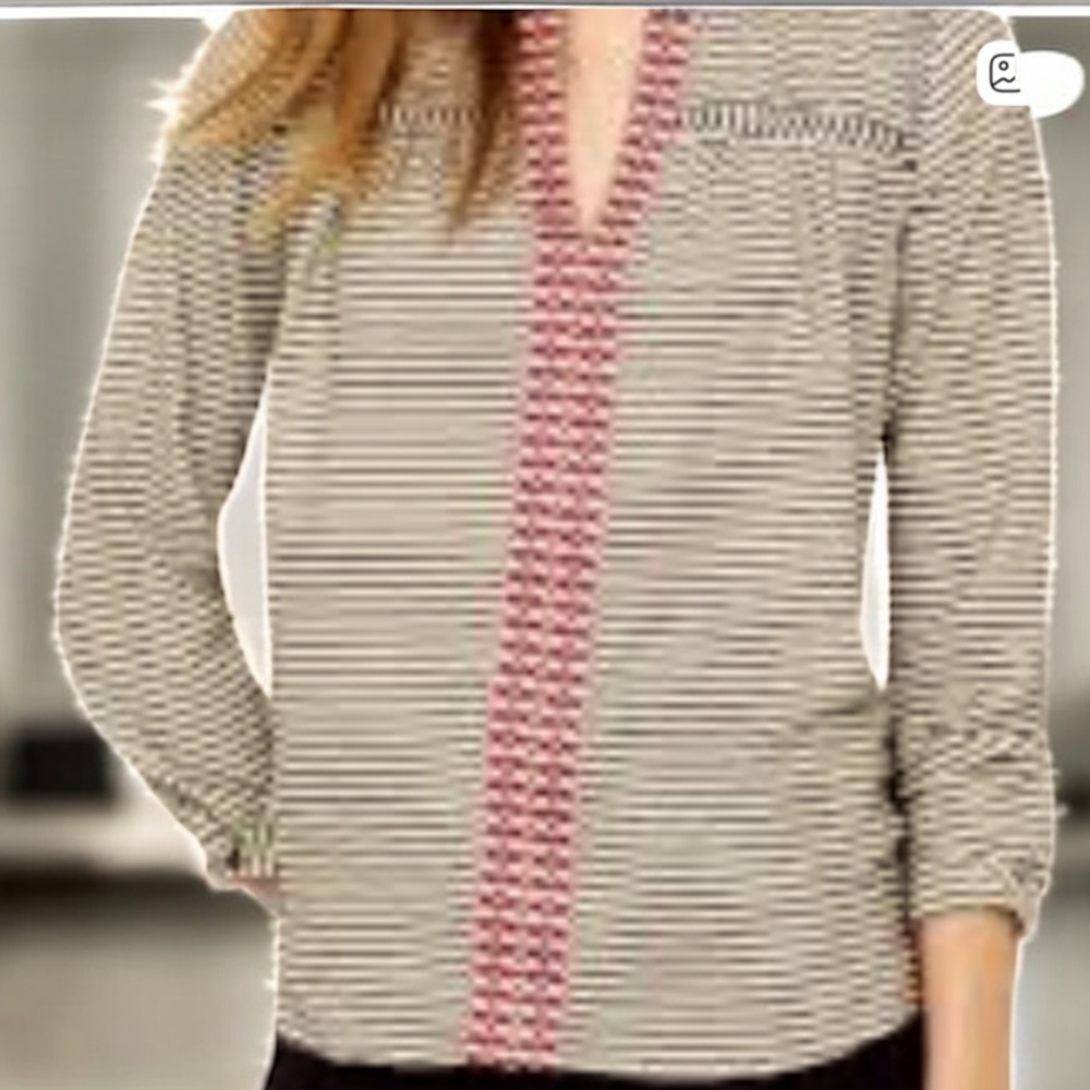 J.Crew Boho Striped Blouse Gray‎ Pink Trim Split Neck Top Size XS